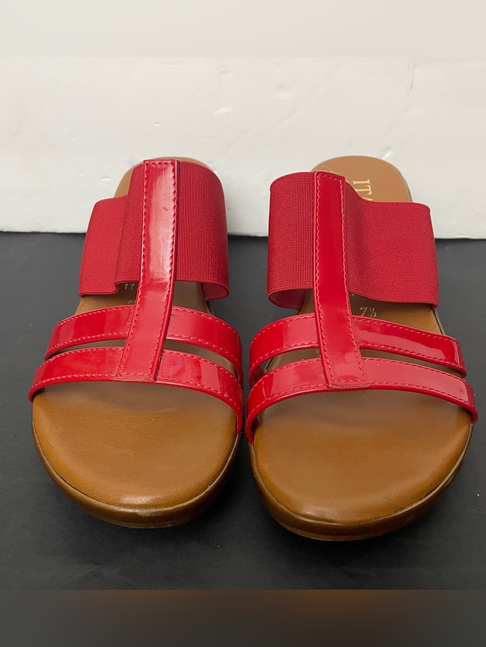 Italian Shoemakers Red Patent Elastic Wedge Sandals Slides Women's Size 7.5